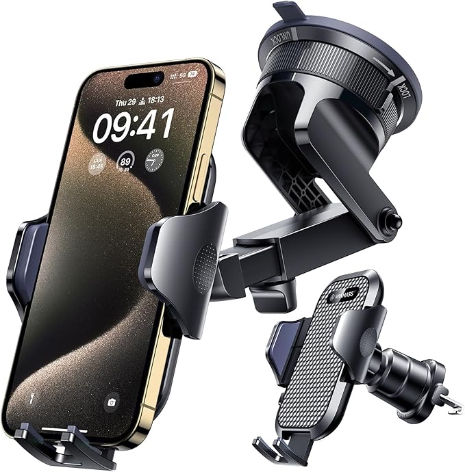 LVSSN SMART Car Phone Holder, Military-Grade Suction & Clip, Dashboard Windshield Vent Mount for iPhone 17 Pro Max / Android, Ink Black