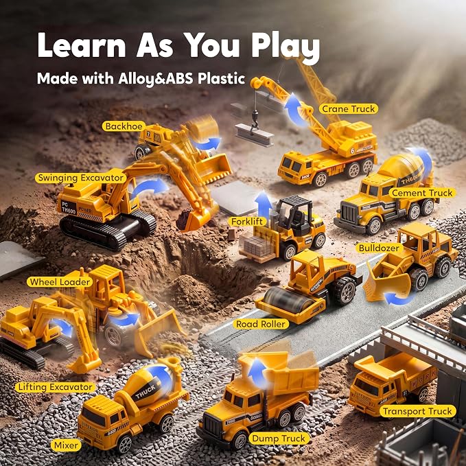 LVSSN SMART 25-in-1 Construction Truck Toy Set with 12 Vehicles & 12 Worker Figures, Push and Go Toy Trucks with Sound and Light, Birthday Gifts for Kids 3-7 Years Old